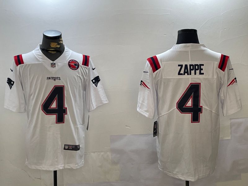 Men New England Patriots #4 Zappe White Second generation 2024 Nike Limited NFL Jersey style 2